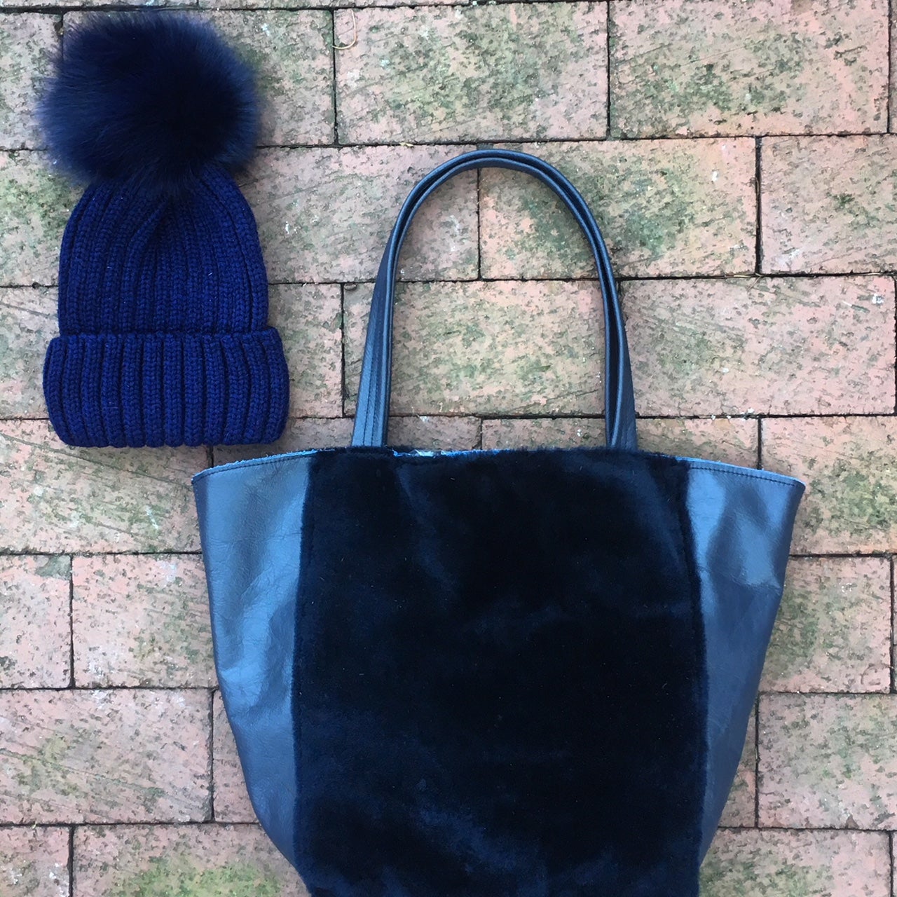 SOLD Navy Shearling and Patent Leather Luxe Tote
